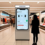 **Prompt 1 (Retail Personalization):** A modern, bustling department store with diverse shoppers. A person is looking at a product, and their smartphone subtly displays a personalized offer related to it. Overlayed digital elements show faint, glowing lines representing invisible location signals guiding the offer. The overall mood is convenient and efficient, with a subtle hint of technology seamlessly integrated into daily life.