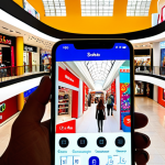 ** A vibrant, modern shopping mall in Madrid. Shoppers are browsing, and some have their smartphones out, interacting with a store's app. Subtle augmented reality elements overlaying products on the screen, hinting at personalized discounts. Focus on the bright colors, architectural details of a Spanish mall, and the sense of a seamless digital-physical shopping experience.

**