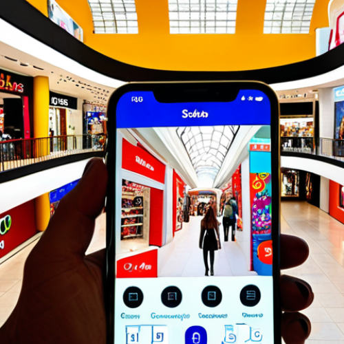 Home 19 ** A vibrant, modern shopping mall in Madrid. Shoppers are browsing, and some have their smartphones out, interacting with a store's app. Subtle augmented reality elements overlaying products on the screen, hinting at personalized discounts. Focus on the bright colors, architectural details of a Spanish mall, and the sense of a seamless digital-physical shopping experience.
**