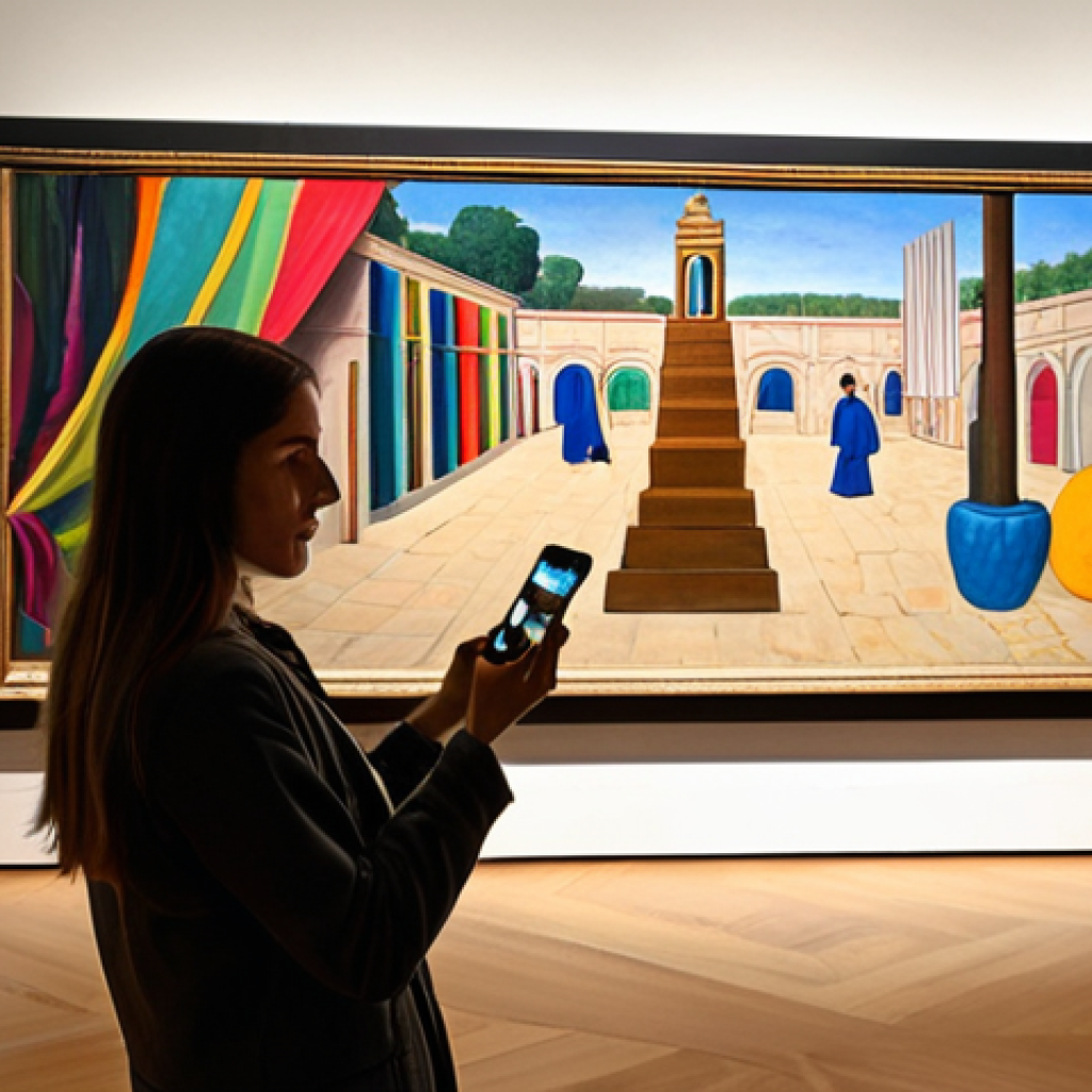 **

A vibrant, modern art museum interior. A visitor, smartphone in hand, stands before a brightly colored abstract painting. A subtle Bluetooth beacon is visible near the artwork. On the phone screen, detailed information about the painting and artist is displayed. The scene should evoke a sense of discovery and enhanced artistic appreciation, reflecting a visit to a famous European museum. (Style: realistic, slightly warm lighting)

**
