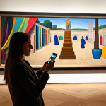 **

A vibrant, modern art museum interior. A visitor, smartphone in hand, stands before a brightly colored abstract painting. A subtle Bluetooth beacon is visible near the artwork. On the phone screen, detailed information about the painting and artist is displayed. The scene should evoke a sense of discovery and enhanced artistic appreciation, reflecting a visit to a famous European museum. (Style: realistic, slightly warm lighting)

**