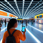 **Prompt:** A futuristic, well-lit shopping mall or large airport terminal. A diverse group of people, appearing relaxed and guided, are using smartphones with augmented reality overlays showing clear navigation paths and personalized product suggestions floating above aisles. The overall atmosphere is one of effortless convenience and reduced stress, contrasting with a sense of bustling but organized activity. Digital glow lines and subtle data points indicate the flow of indoor positioning technology. High detail, vibrant, futuristic.