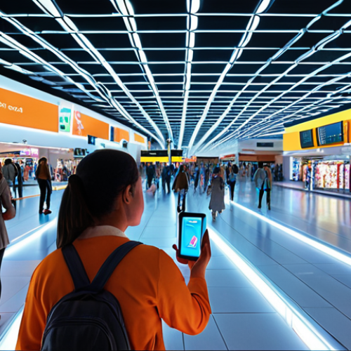 Home 9 **Prompt:** A futuristic, well-lit shopping mall or large airport terminal. A diverse group of people, appearing relaxed and guided, are using smartphones with augmented reality overlays showing clear navigation paths and personalized product suggestions floating above aisles. The overall atmosphere is one of effortless convenience and reduced stress, contrasting with a sense of bustling but organized activity. Digital glow lines and subtle data points indicate the flow of indoor positioning technology. High detail, vibrant, futuristic.