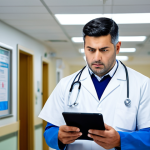 A professional male medical technician in a modest, clean uniform, standing in a brightly lit, modern hospital corridor. He looks with a slightly concerned but professional expression at a tablet in his hands, which displays an indoor navigation map. The map clearly shows a critical medical device icon incorrectly located in the 'Cafeteria' section, while the surrounding hospital environment suggests its proper place is near an 'Emergency Room' sign in the background. The scene conveys the real-world challenges of indoor localization accuracy and latency. fully clothed, appropriate attire, safe for work, perfect anatomy, natural proportions, professional photography, high quality, modest, family-friendly.