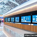 Home 21 실내 위치 추적 기술의 적정 비용 산정 - A modern indoor tracking control room in a large Spanish shopping mall, showing multiple digital scr...