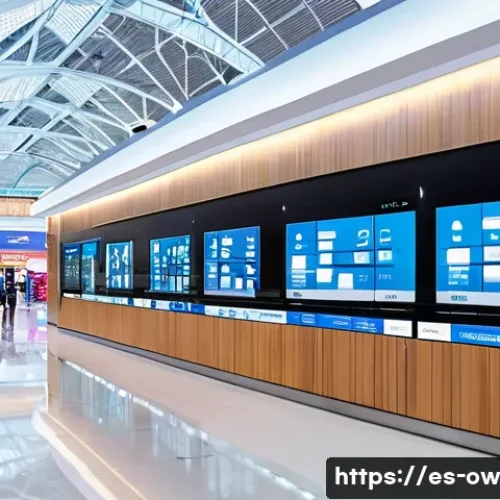 Home 33 실내 위치 추적 기술의 적정 비용 산정 - A modern indoor tracking control room in a large Spanish shopping mall, showing multiple digital scr...