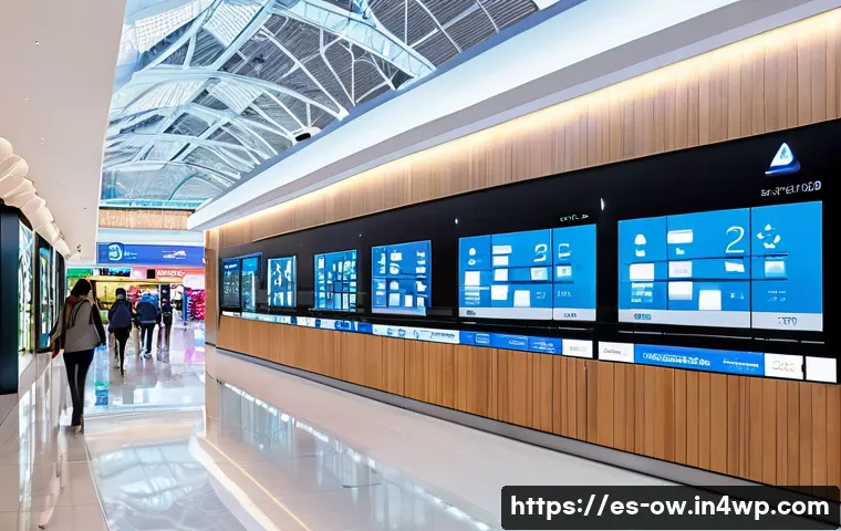 실내 위치 추적 기술의 적정 비용 산정 - A modern indoor tracking control room in a large Spanish shopping mall, showing multiple digital scr...