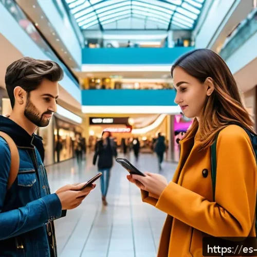 Home 31 실내 위치 추적을 위한 기계 학습 기법 - A modern indoor navigation scene inside a large, bustling shopping mall in Spain, showing diverse sh...