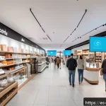 Home 18 실내 위치 추적 기술의 기능 비교 분석 - A modern retail store interior bustling with diverse customers, featuring visible Wi-Fi access point...