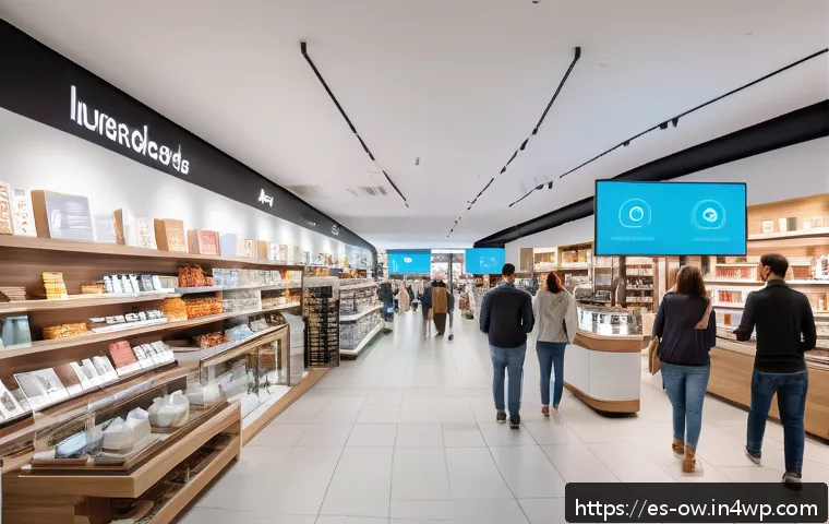 실내 위치 추적 기술의 기능 비교 분석 - A modern retail store interior bustling with diverse customers, featuring visible Wi-Fi access point...