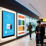 Home 23 초보자를 위한 실내 위치 추적 기술 가이드 - A modern indoor shopping mall scene bustling with diverse Spanish-speaking shoppers using smartphone...