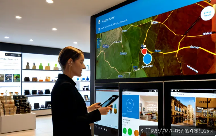 실내 위치 추적 기술의 고객 맞춤형 솔루션 제공 - Photorealistic modern Spanish retail boutique in Barcelona, a friendly store manager using a tablet ...