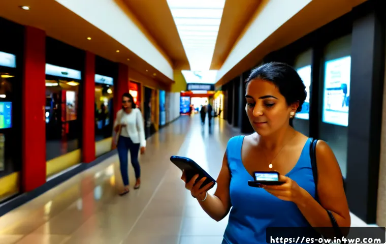 실내 위치 추적 기술의 소비자 피드백 활용 - Photorealistic modern Spanish shopping center in Madrid, a middle-aged Hispanic woman using a smartp...