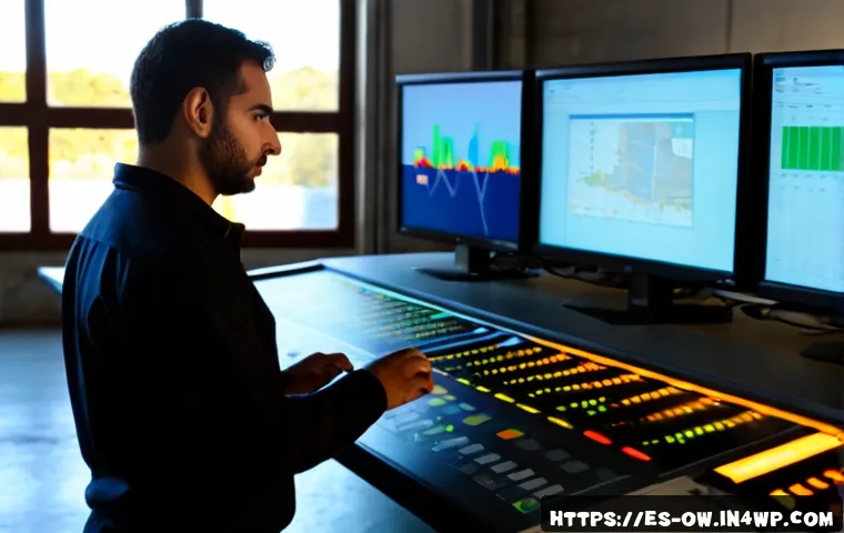 실내 위치 추적 기술의 데이터 저장 방법 - Photorealistic modern logistics control room in a Spanish warehouse, a technician viewing an indoor ...